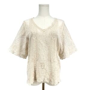Democracy Boho Embroidered Cream Peasant Top XS Short Sleeve Cottagecore Hippie